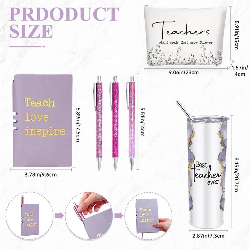 6 count Christmas Teacher Appreciation Gift Set for Women 20 oz Marble Sign Tumbler Inspirational Ballpoint Pen Notebooks with Makeup Bag Christmas Teacher Thank You Gifts(Purple,Teacher)