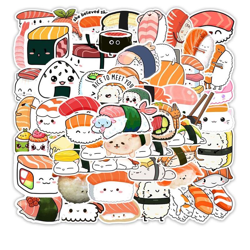 Cute Sushi Pattern Sticker, 54pcs set Graffiti Decorative Sticker, Decor Decal for Water Bottle, Laptop, Phone Case, Scrapbook, Journal Making