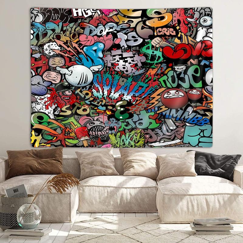 Hippie Graffiti Tapestry for Bedroom, Hip Hop Music Rap Art Colorful Small Tapestries Wall Hanging College Dorm Living Room Office Cool Trippy 80s 90s Mens Guys Teen Boys Decor