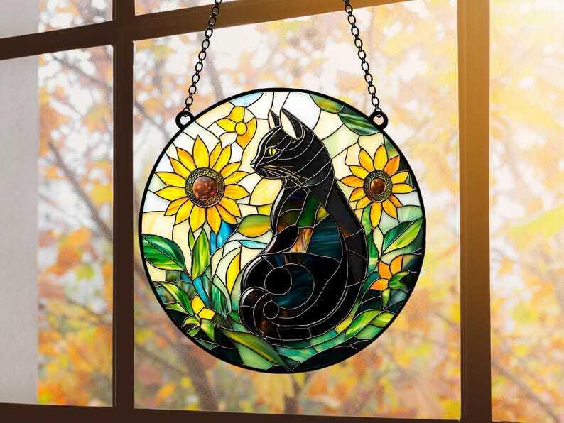 Faux ACRYLIC Sunflower Black Cat Suncatcher, Cat Window Hanging Cat Lover Gift Bestfriend Gift Home Decor Wall Art Decoration