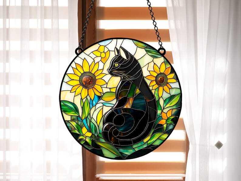 Faux ACRYLIC Sunflower Black Cat Suncatcher, Cat Window Hanging Cat Lover Gift Bestfriend Gift Home Decor Wall Art Decoration