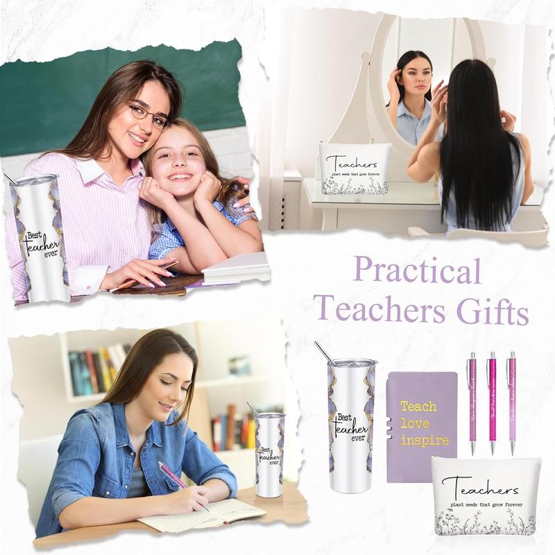 6 count Christmas Teacher Appreciation Gift Set for Women 20 oz Marble Sign Tumbler Inspirational Ballpoint Pen Notebooks with Makeup Bag Christmas Teacher Thank You Gifts(Purple,Teacher)