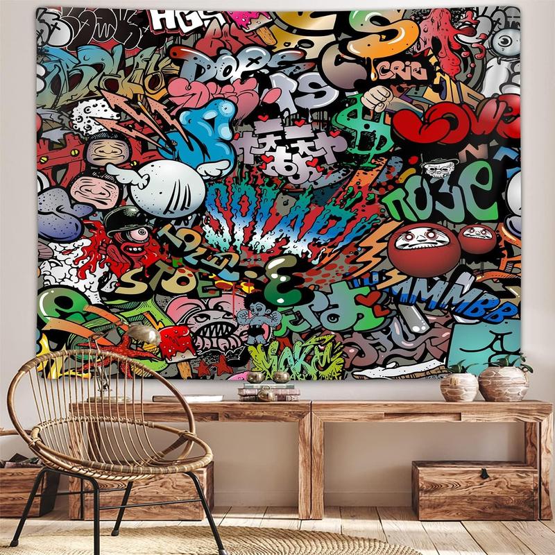 Hippie Graffiti Tapestry for Bedroom, Hip Hop Music Rap Art Colorful Small Tapestries Wall Hanging College Dorm Living Room Office Cool Trippy 80s 90s Mens Guys Teen Boys Decor