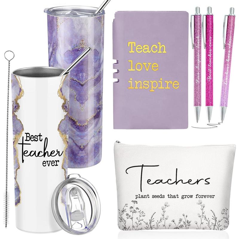 6 count Christmas Teacher Appreciation Gift Set for Women 20 oz Marble Sign Tumbler Inspirational Ballpoint Pen Notebooks with Makeup Bag Christmas Teacher Thank You Gifts(Purple,Teacher)