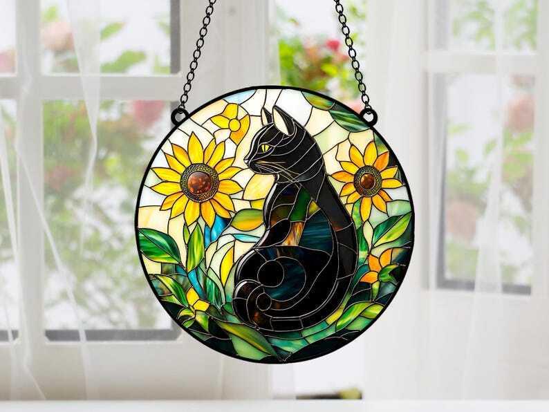 Faux ACRYLIC Sunflower Black Cat Suncatcher, Cat Window Hanging Cat Lover Gift Bestfriend Gift Home Decor Wall Art Decoration