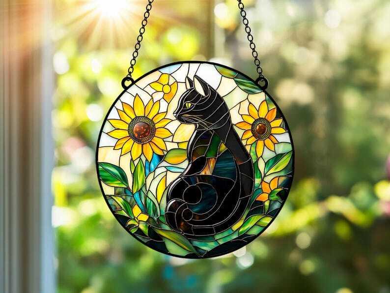 Faux ACRYLIC Sunflower Black Cat Suncatcher, Cat Window Hanging Cat Lover Gift Bestfriend Gift Home Decor Wall Art Decoration