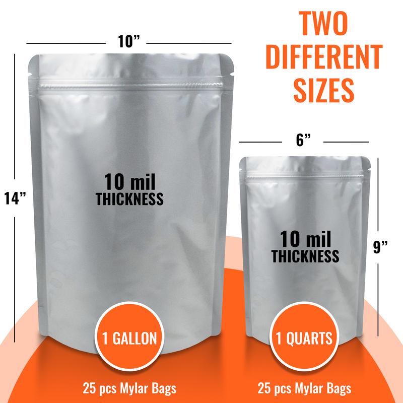 Mylar Bags for Food Storage with oxygen absorbents - 1 Gallon - 1 Quarts - Aluminum Mylar Bags - Pouch Bags - Mylar Bags with Ziploc - Long Term Storage Bags - 10 Mill Thickness - with Sticker Labels Organiser