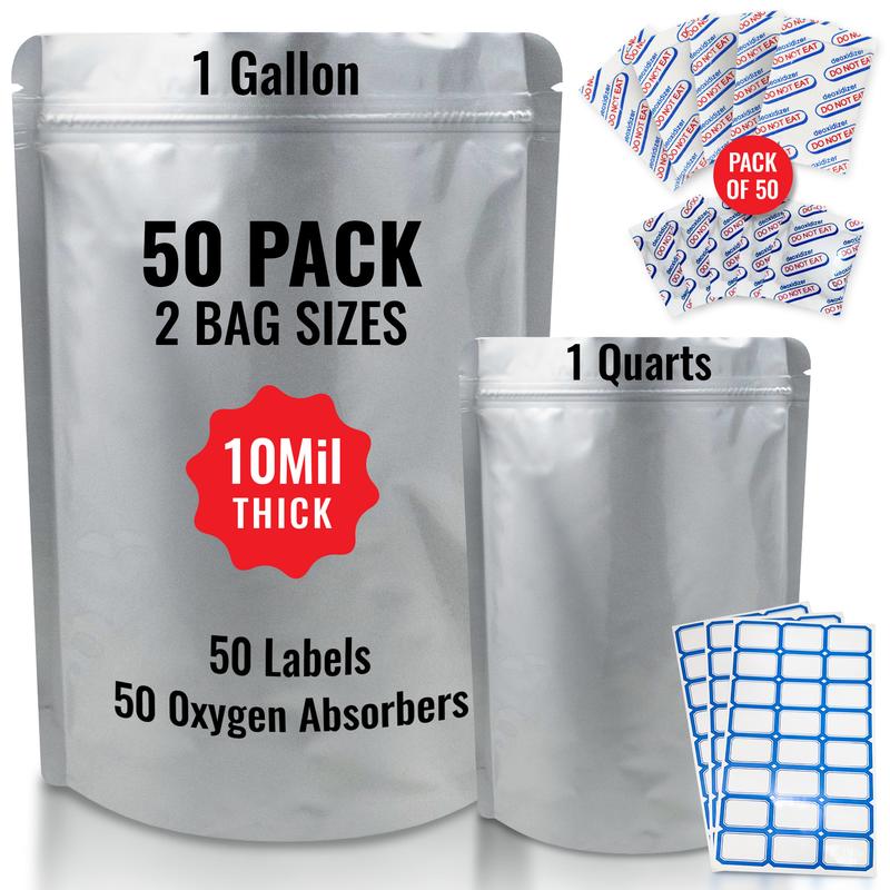 Mylar Bags for Food Storage with oxygen absorbents - 1 Gallon - 1 Quarts - Aluminum Mylar Bags - Pouch Bags - Mylar Bags with Ziploc - Long Term Storage Bags - 10 Mill Thickness - with Sticker Labels Organiser