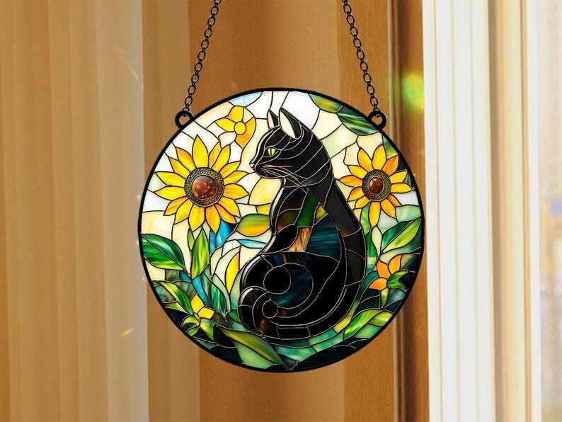 Faux ACRYLIC Sunflower Black Cat Suncatcher, Cat Window Hanging Cat Lover Gift Bestfriend Gift Home Decor Wall Art Decoration