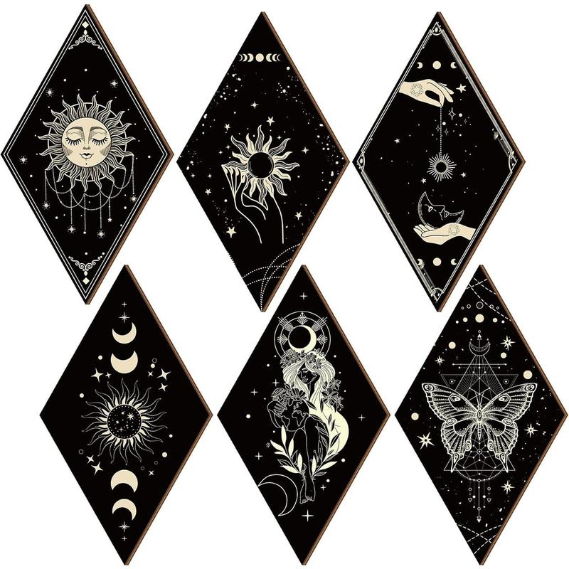 6 counts Wall Decor Sun Moon Phases Wall Art Gothic Minimalist Stars Sun Wall Hanging Wooden Home Decor Farmhouse Wall Pediments