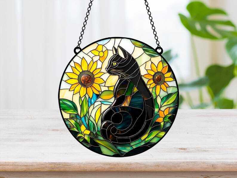 Faux ACRYLIC Sunflower Black Cat Suncatcher, Cat Window Hanging Cat Lover Gift Bestfriend Gift Home Decor Wall Art Decoration