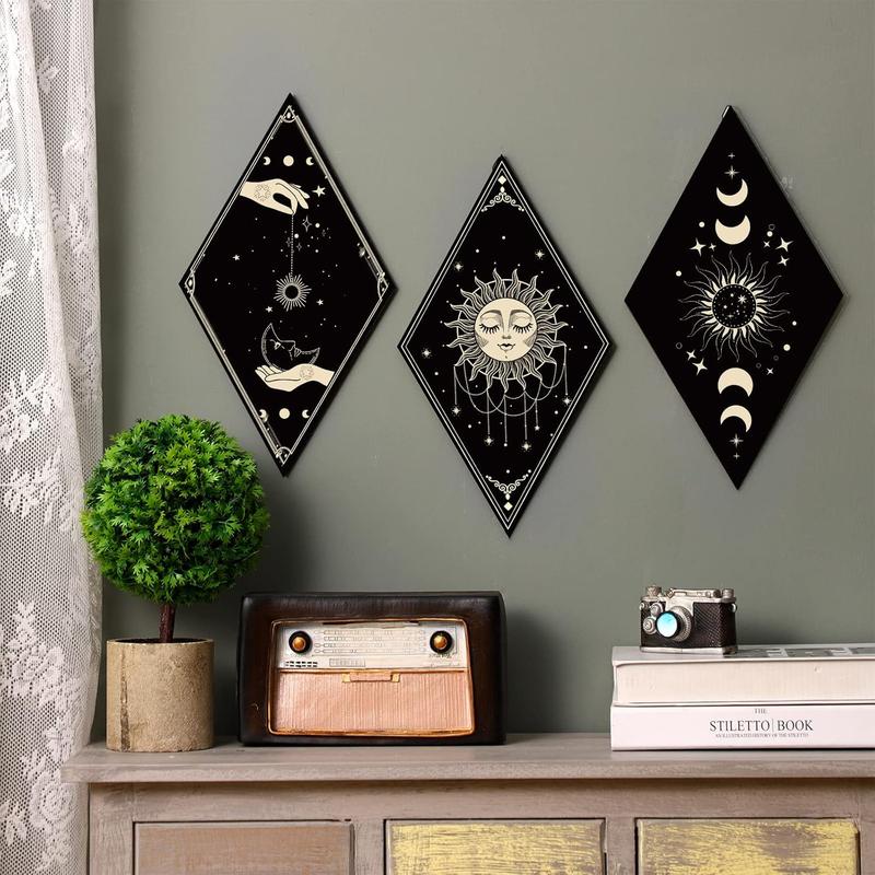 6 counts Wall Decor Sun Moon Phases Wall Art Gothic Minimalist Stars Sun Wall Hanging Wooden Home Decor Farmhouse Wall Pediments