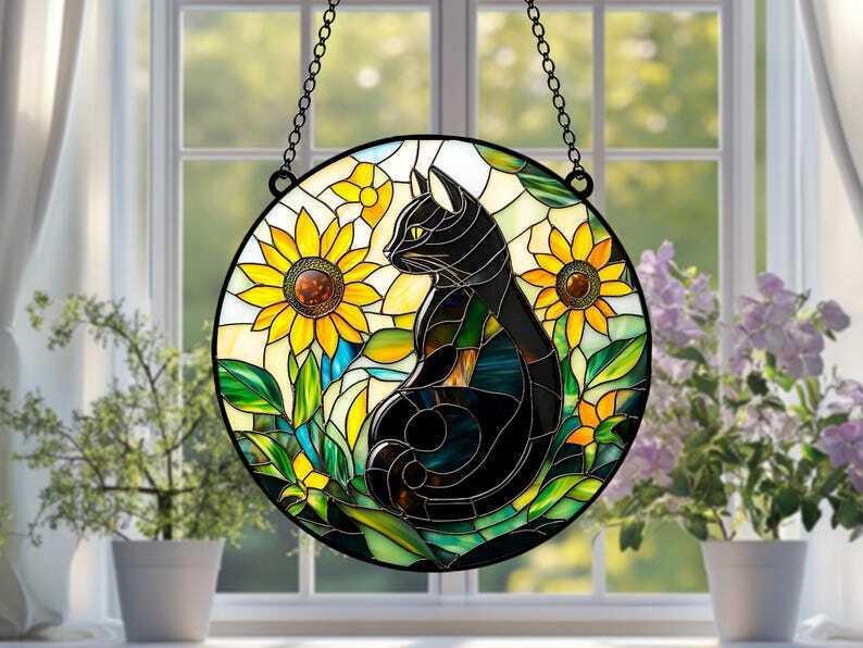 Faux ACRYLIC Sunflower Black Cat Suncatcher, Cat Window Hanging Cat Lover Gift Bestfriend Gift Home Decor Wall Art Decoration