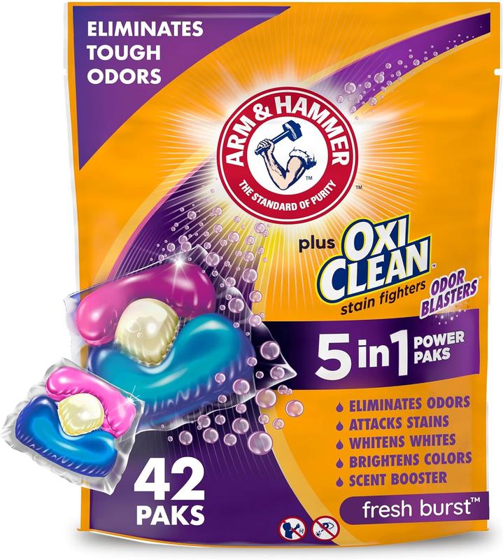 Plus OxiClean with Odor Blasters Concentrated Laundry Detergent, 5-in-1 Laundry Stain Remover, Fresh Burst Detergent Power Paks, 42 Count Bag