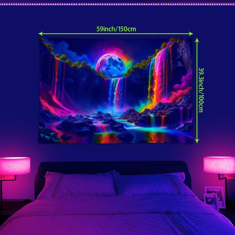 Mountain & Waterfall Pattern Tapestry, Modern UV Black Light Reaction Tapestry, Wall Hanging Decor for Home Living Room Bedroom Dormitory, Home Decor