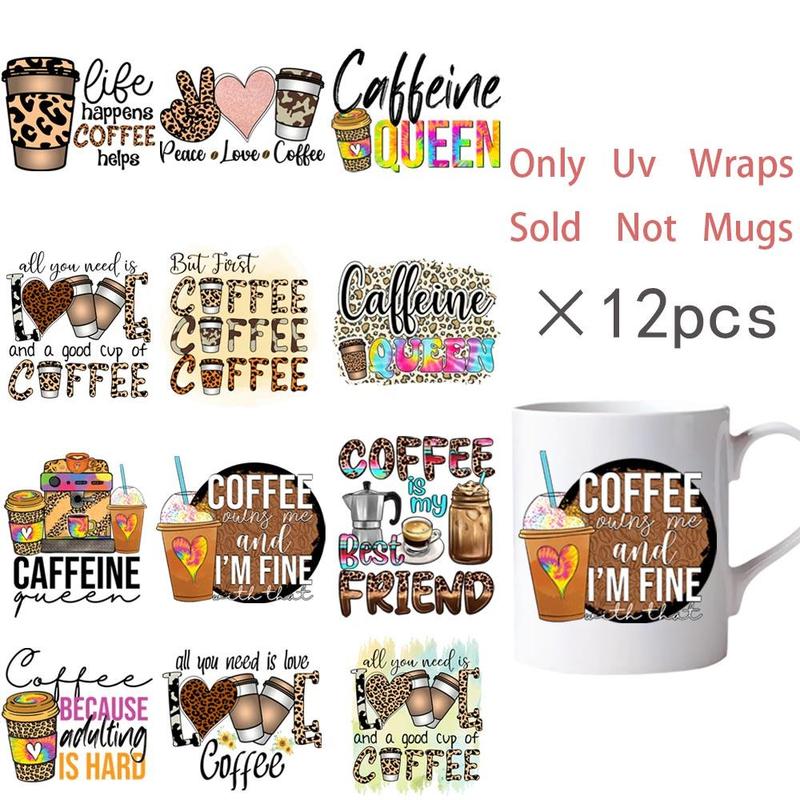 Coffee Letter Pattern Coffee Cup Sticker, 12pcs set UV DTF Self-adhesive Bottle Wrap, Decorative Sticker for Coffee Cup, Glass Jar, Cup, DIY Decorative Sticker