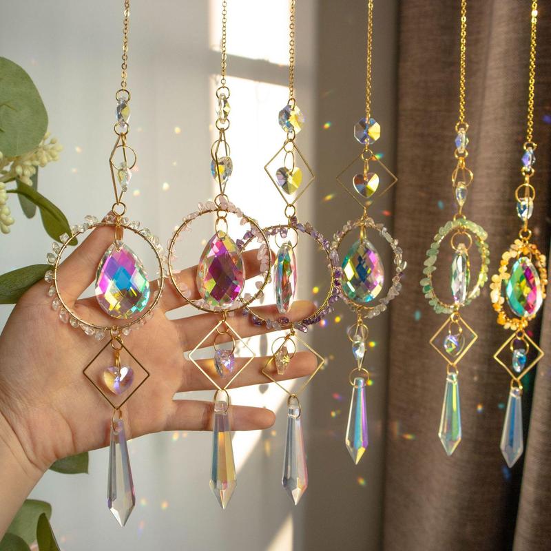 Sun Catcher, 1 Count Natural Stone Circle Crystal Sun Catcher, Garden Decor, Hanging Decor for Home, Car, Garden, Room, Bedroom, Living Room