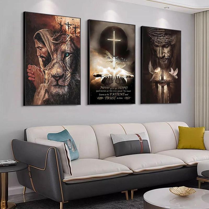 Lion & Cross & Jesus Pattern Unframed Painting, 3 Counts set Modern Canvas Wall Art, Wall Decor for Home Living Room Bedroom Office School