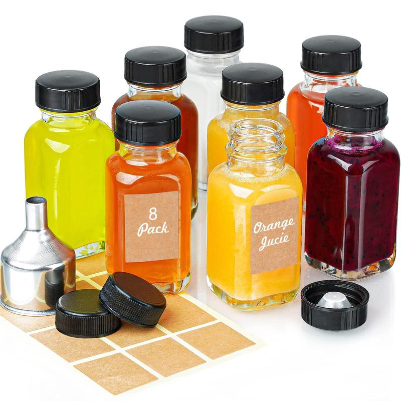 Reusable Ginger Shot Bottles with Caps - 8 Pack 2 oz Small Glass Jars with Airtight Lids, Wide Mouth Juice Containers for Fridge - Travel Square Jars. Extra 2 Lids, Stickers, Funnel