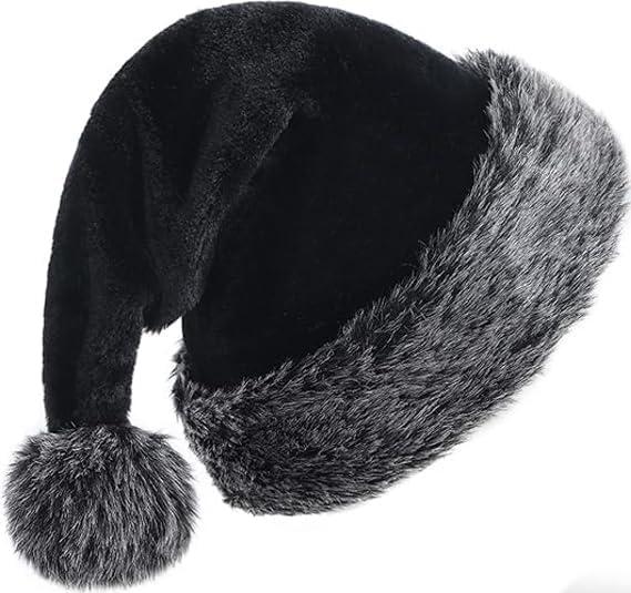 Black Christmas Hats for Adults Plush Black Santa Hat Xmas Fluffy Santa Claus Hat for Women Men