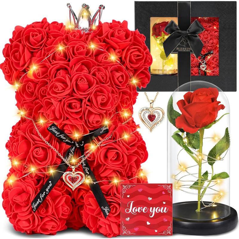 Rose Bear Gift Box for Mom Forever Eternal Rose in Glass Dome with Light Necklace for Mothers Day Birthday