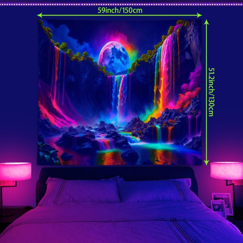 Mountain & Waterfall Pattern Tapestry, Modern UV Black Light Reaction Tapestry, Wall Hanging Decor for Home Living Room Bedroom Dormitory, Home Decor