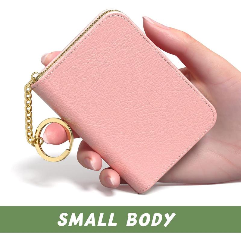 Credit Card Holder for Women, Small RFID Card Wallet Slim Leather Business Card Organizer Case with Zipper & Keychain(Pink)