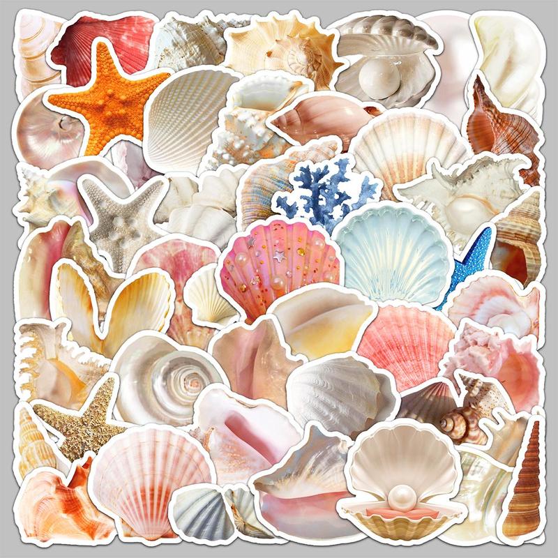 Sea Shell Pattern Sticker, 50pcs set Waterproof Self Adhesive Decor Paper, Decor Sticker For Gift & Greeting Card & Water Bottle