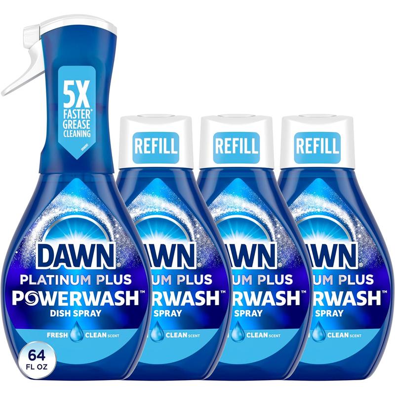 Platinum Powerwash Dish Spray, Dish Soap Liquid, Fresh Scent Bundle, 1 Spray (16Oz) + 3 Refills (16Oz Each)(Pack of 4)