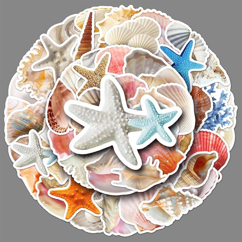 Sea Shell Pattern Sticker, 50pcs set Waterproof Self Adhesive Decor Paper, Decor Sticker For Gift & Greeting Card & Water Bottle