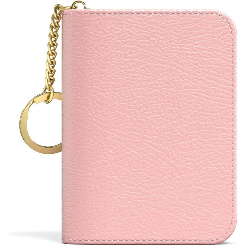 Credit Card Holder for Women, Small RFID Card Wallet Slim Leather Business Card Organizer Case with Zipper & Keychain(Pink)