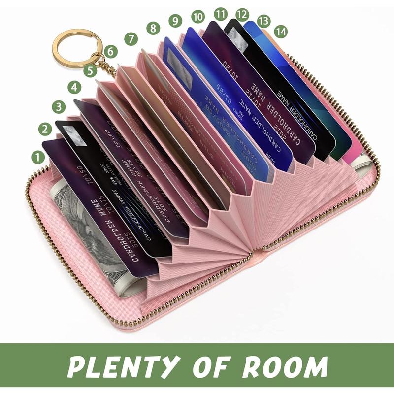 Credit Card Holder for Women, Small RFID Card Wallet Slim Leather Business Card Organizer Case with Zipper & Keychain(Pink)