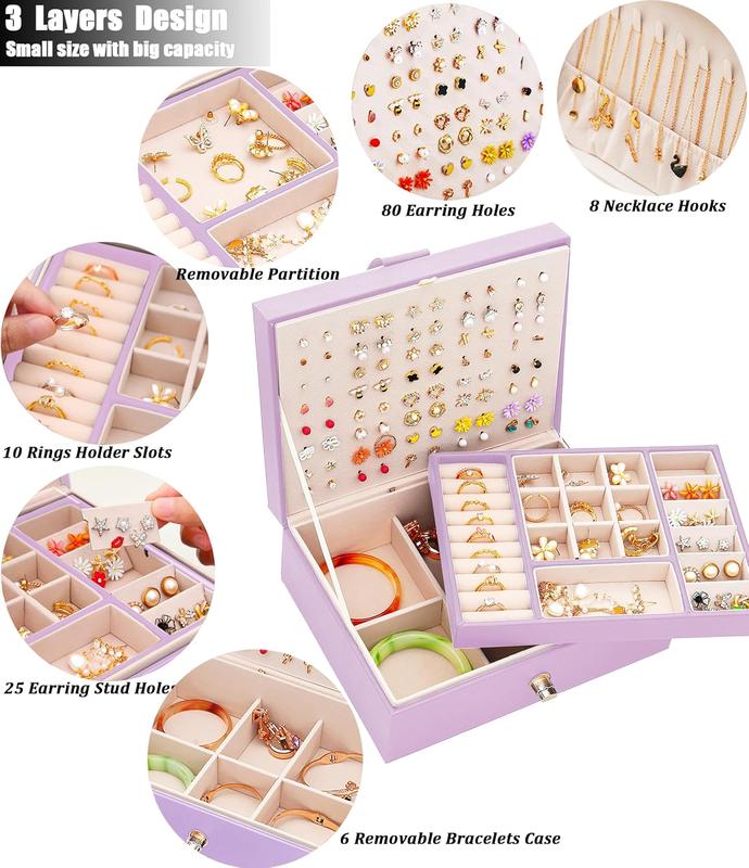 Girls Jewelry Box Earring Holder Organizer for Girls Earring Organizer Teen Jewelry Box Organizer for Girls Purple jewelry Boxes for Earrings Necklace Ring Stud Earring Box Organizer for Girls