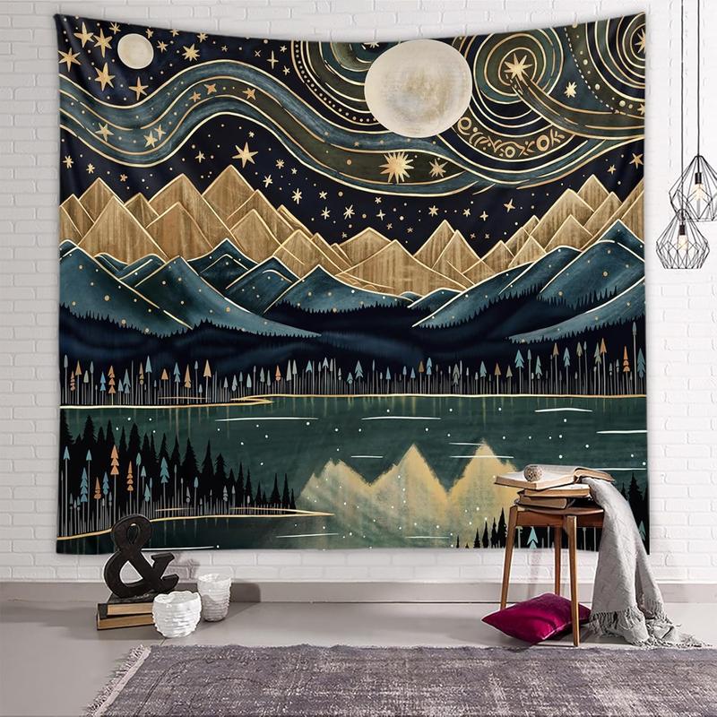 Mountain Forest Tapestry Boho Landscape Moon Stars Tapestry for Bedroom Aesthetic Nature Tapestry Wall Hanging Trees Wall Tapestry for Bedroom Living Room Classroom Dorm (60 x 50 inches)