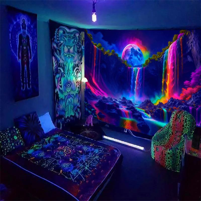 Mountain & Waterfall Pattern Tapestry, Modern UV Black Light Reaction Tapestry, Wall Hanging Decor for Home Living Room Bedroom Dormitory, Home Decor