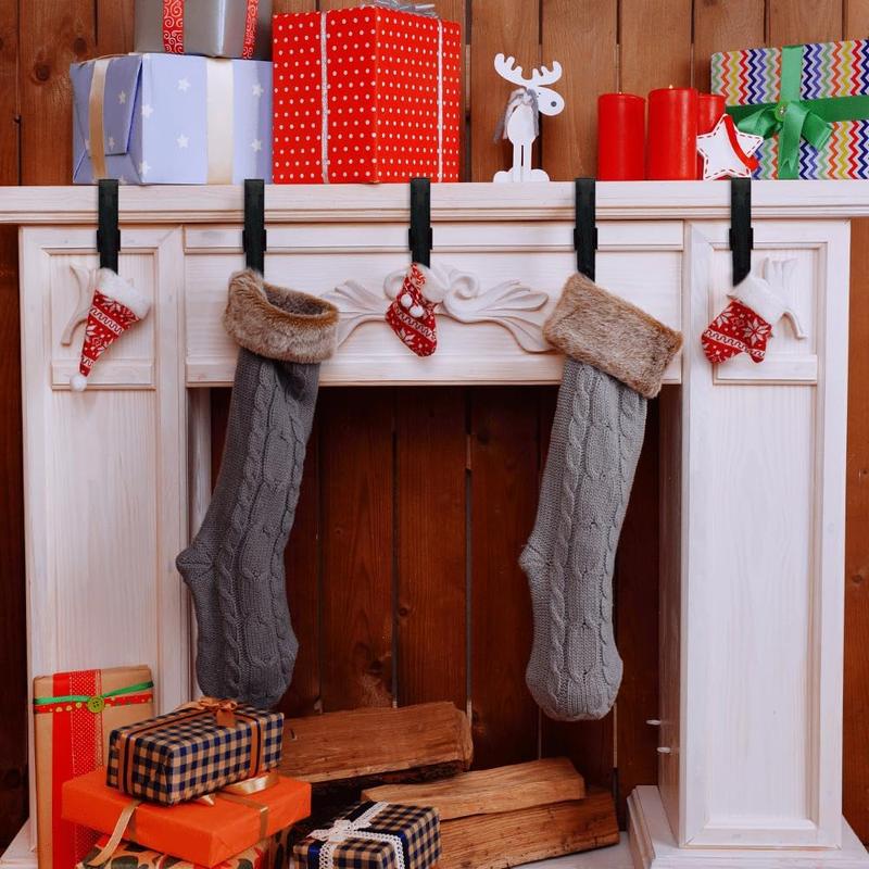 2025 New Adjustable Fireplace Stocking Hooks Double Door Garland Hanger with Hooks, Heavy Duty Stocking Holders for Mantle (Black, 4PCS)