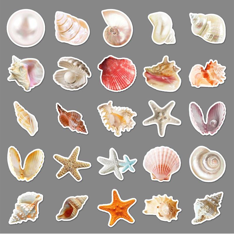 Sea Shell Pattern Sticker, 50pcs set Waterproof Self Adhesive Decor Paper, Decor Sticker For Gift & Greeting Card & Water Bottle