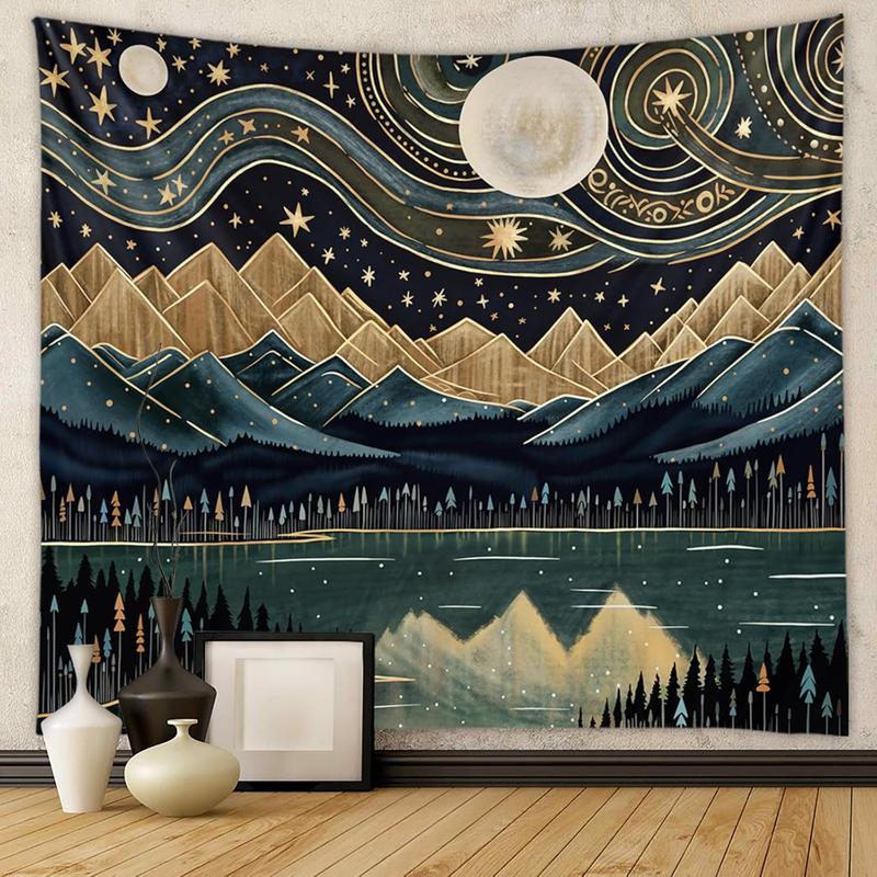 Mountain Forest Tapestry Boho Landscape Moon Stars Tapestry for Bedroom Aesthetic Nature Tapestry Wall Hanging Trees Wall Tapestry for Bedroom Living Room Classroom Dorm (60 x 50 inches)