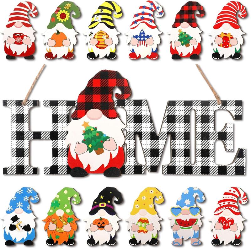 Interchangeable Gnome Home Sign Wood Fall Thanksgiving Christmas Door Sign with 12 Changeable Gnomes for Wall Decor Decoration Set