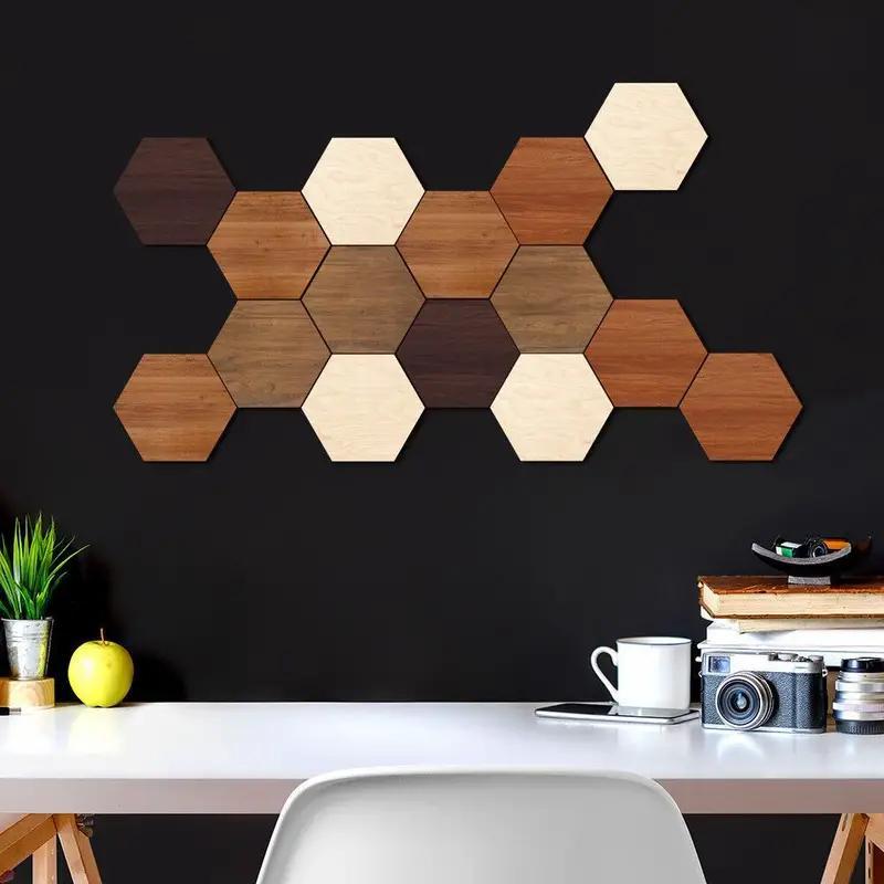 Hexagonal Shaped Wooden Wall Sticker, 15pcs set Vintage Wood Grain Wall Decal, Wall Decor for Home Living Room Bedroom