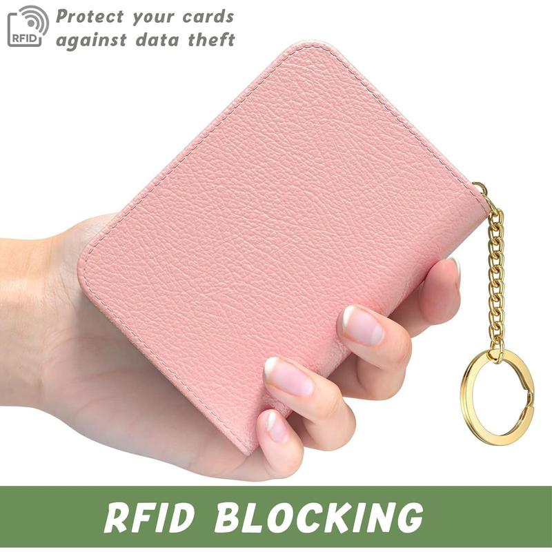 Credit Card Holder for Women, Small RFID Card Wallet Slim Leather Business Card Organizer Case with Zipper & Keychain(Pink)