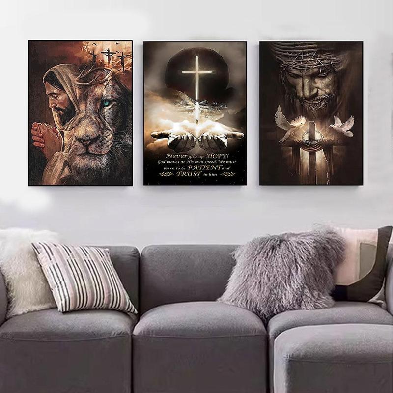 Lion & Cross & Jesus Pattern Unframed Painting, 3 Counts set Modern Canvas Wall Art, Wall Decor for Home Living Room Bedroom Office School