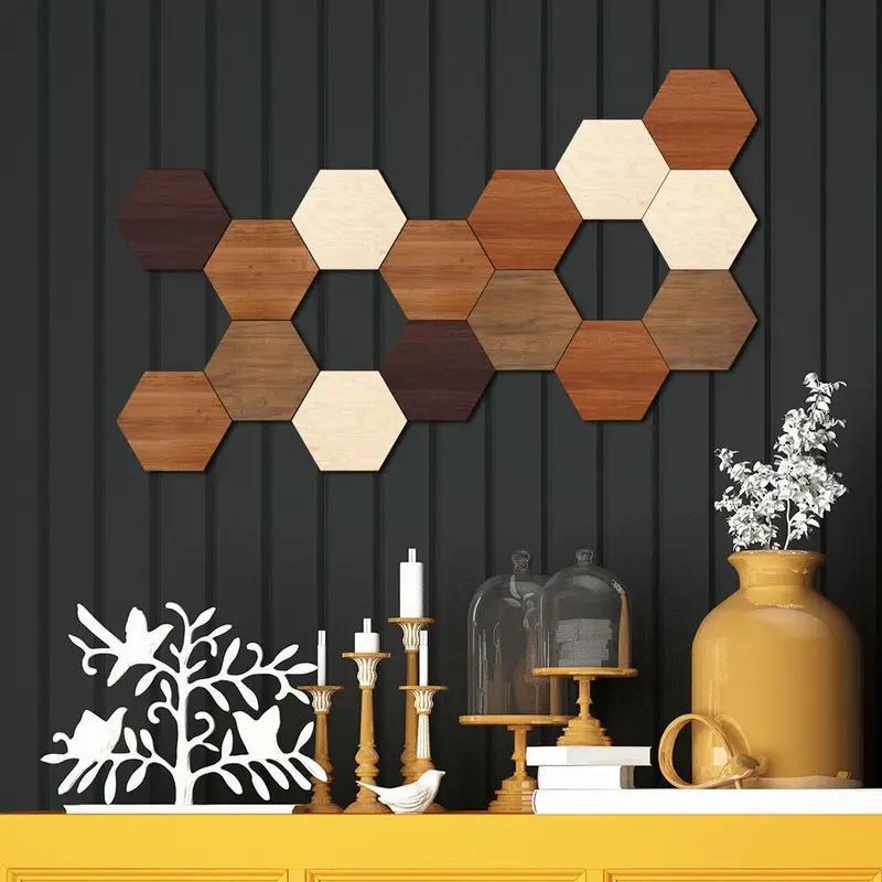 Hexagonal Shaped Wooden Wall Sticker, 15pcs set Vintage Wood Grain Wall Decal, Wall Decor for Home Living Room Bedroom