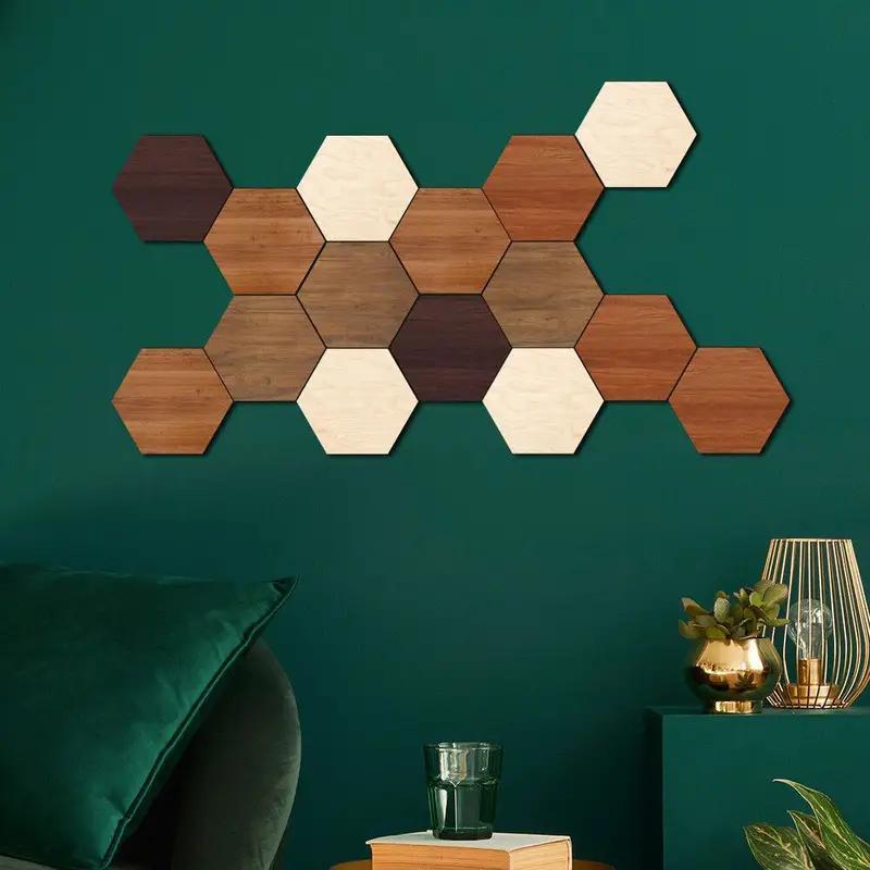 Hexagonal Shaped Wooden Wall Sticker, 15pcs set Vintage Wood Grain Wall Decal, Wall Decor for Home Living Room Bedroom