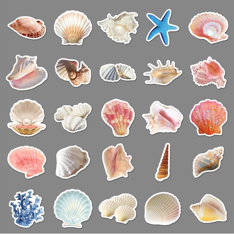 Sea Shell Pattern Sticker, 50pcs set Waterproof Self Adhesive Decor Paper, Decor Sticker For Gift & Greeting Card & Water Bottle