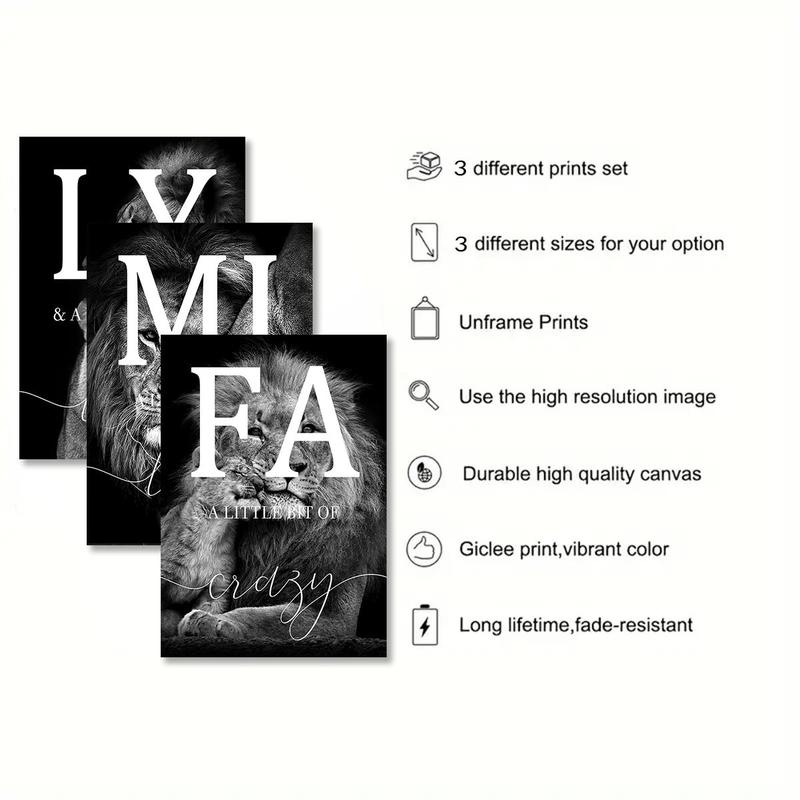 Lion & Letter Pattern Unframed Painting, 3 Counts set Room Decor Wall Art Poster, Creative Wall Decor for Home Living Room & Bedroom & Office