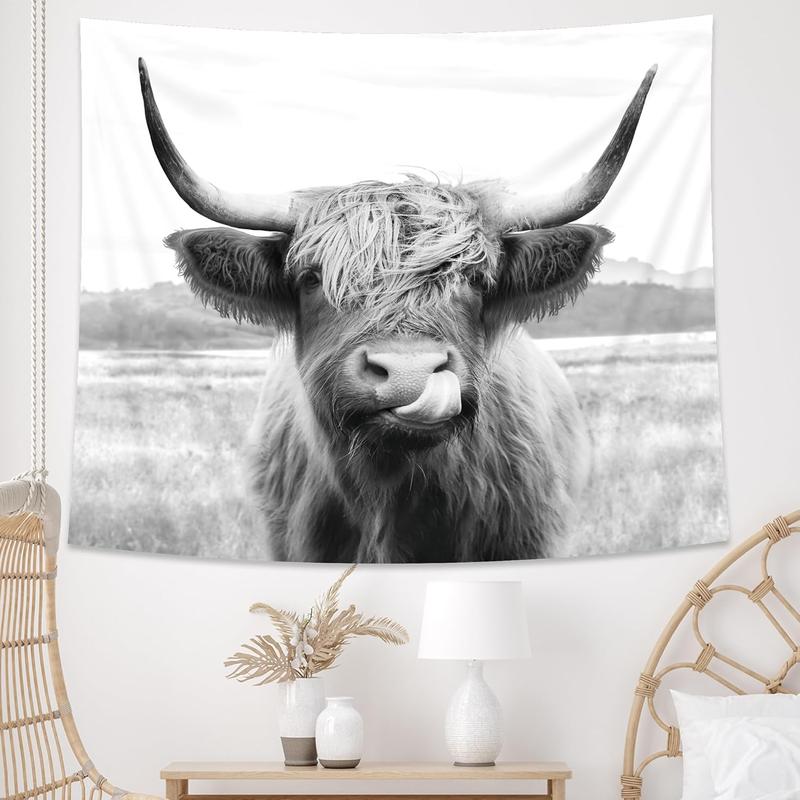 Highland Cow Tapestry, 51Hx59W Inch, Funny Western Decor, Wall Art for Bedroom, Dorm, Living Room