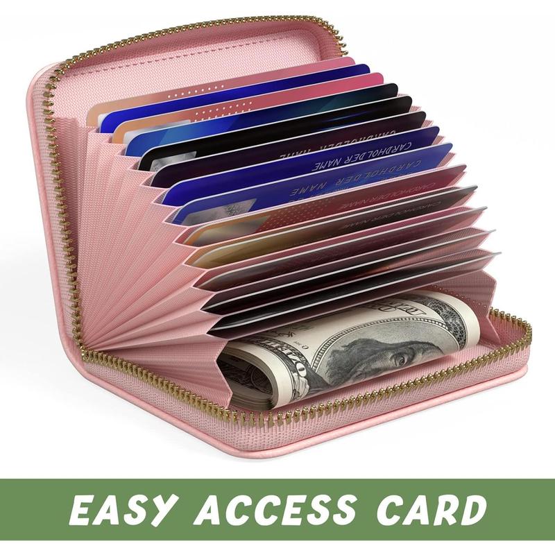 Credit Card Holder for Women, Small RFID Card Wallet Slim Leather Business Card Organizer Case with Zipper & Keychain(Pink)