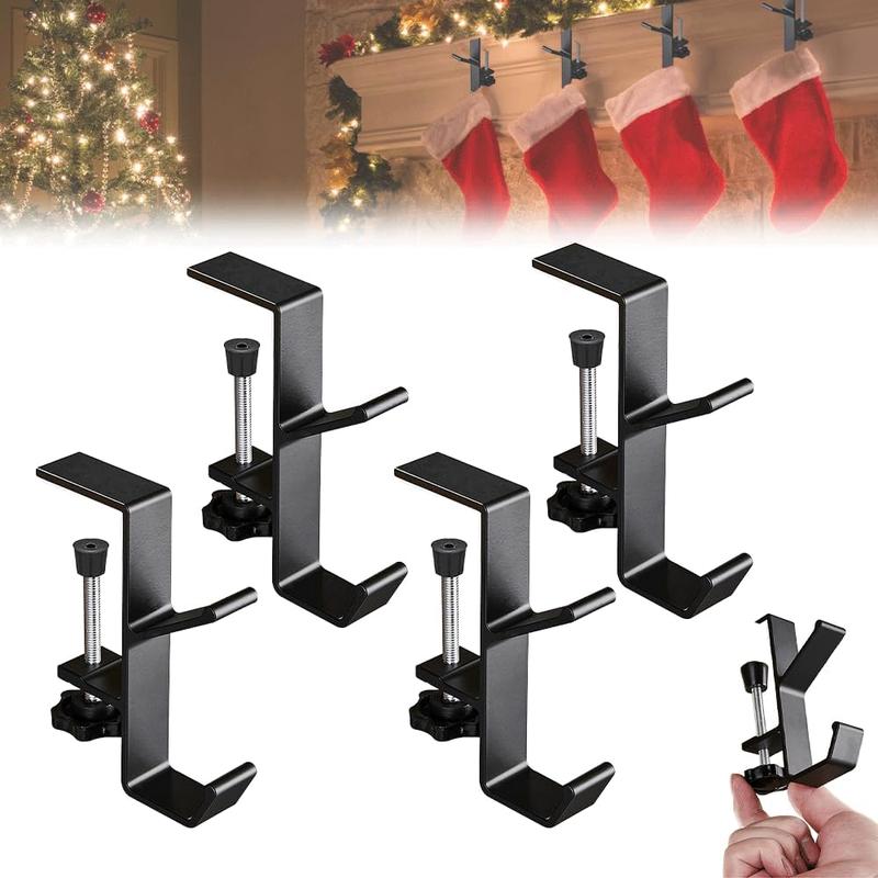 2025 New Adjustable Fireplace Stocking Hooks Double Door Garland Hanger with Hooks, Heavy Duty Stocking Holders for Mantle (Black, 4PCS)