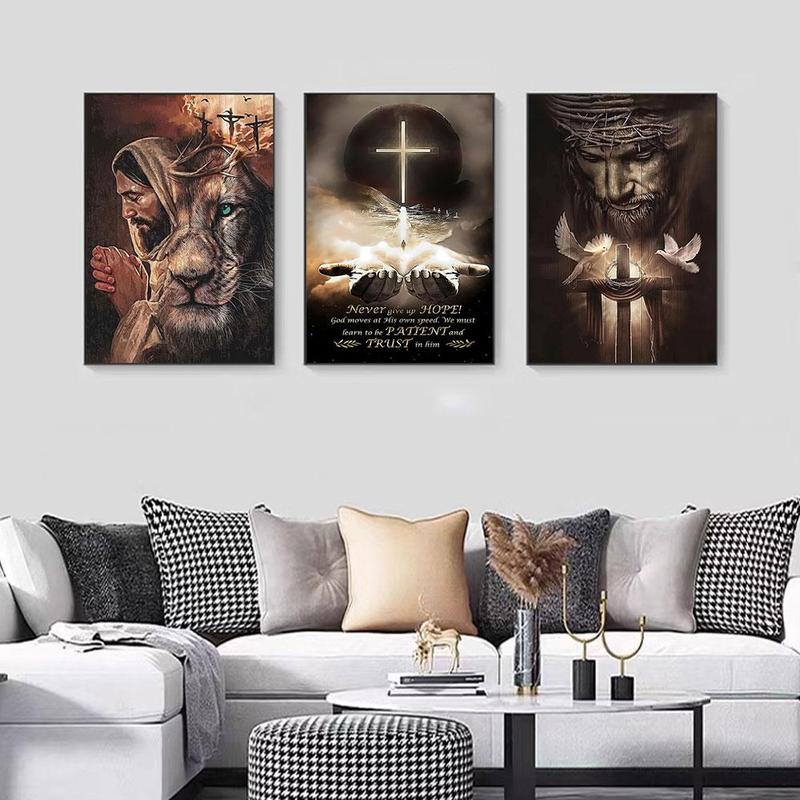 Lion & Cross & Jesus Pattern Unframed Painting, 3 Counts set Modern Canvas Wall Art, Wall Decor for Home Living Room Bedroom Office School